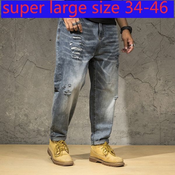 men's jeans broken hole pants elastic super large men fashion leggings tapered feet full length casual loose plus size 34-42 44 46, Blue
men's jeans broken hole pants elastic super large men fashion leggings tapered feet full length casual loose plus size 34-42 44 46, Blue