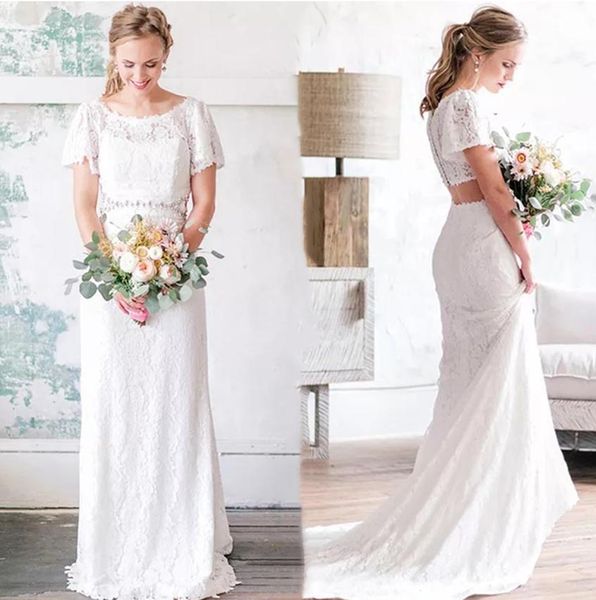 2021 vintage full lace wedding dresses short sleeves scoop neck cutaway back waist sweep train beach wedding gown vestido de novia, White
2021 vintage full lace wedding dresses short sleeves scoop neck cutaway back waist sweep train beach wedding gown vestido de novia, White