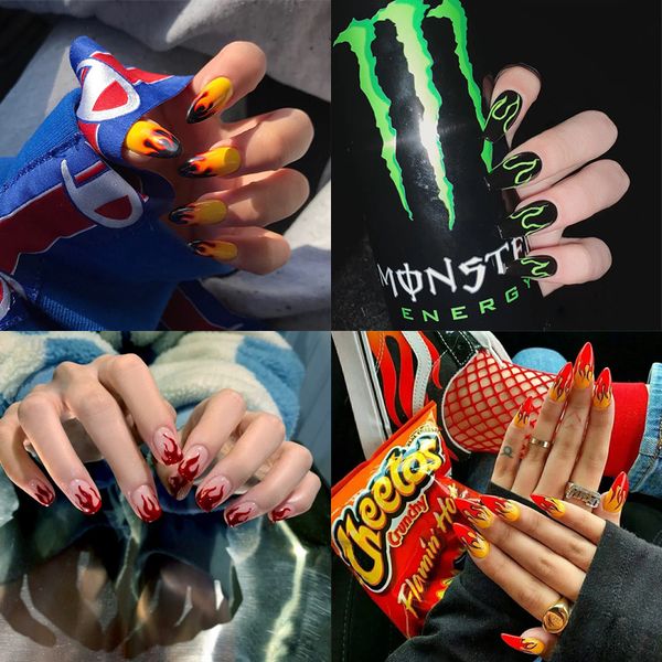 24pcs/box punk flame fire pattern fake nails artificial full cover press on false nail black green nail art decals decoration wholesale, Red;gold
24pcs/box punk flame fire pattern fake nails artificial full cover press on false nail black green nail art decals decoration wholesale, Red;gold