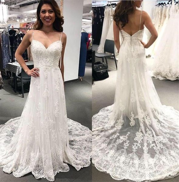 2021 beach wedding dresses lace applique chapel train backless spaghetti straps custom made wedding bridal gown vestido de novia, White
2021 beach wedding dresses lace applique chapel train backless spaghetti straps custom made wedding bridal gown vestido de novia, White