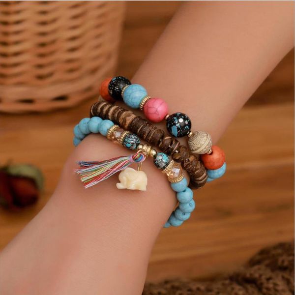 beaded bracelet plastic purple blue color bead brown circle with elephant tassels pendant gold color plated accessory charm, Black
beaded bracelet plastic purple blue color bead brown circle with elephant tassels pendant gold color plated accessory charm, Black