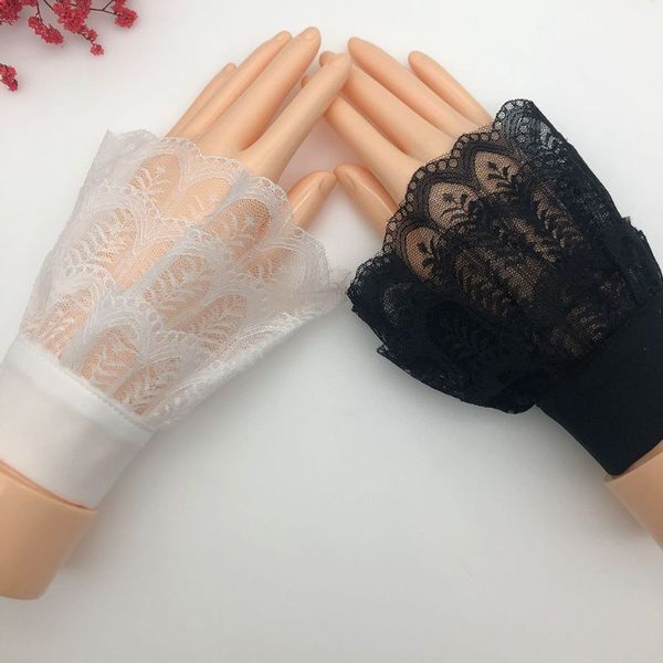 women girl layered sheer lace horn cuffs leaves patterned detachable fake sleeve, Blue;gray
women girl layered sheer lace horn cuffs leaves patterned detachable fake sleeve, Blue;gray