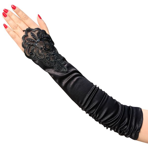 1 pair fashion women's lace long black beading stretch fingerless embroidered female gloves retro gothic party costumes wcph, Silver
1 pair fashion women's lace long black beading stretch fingerless embroidered female gloves retro gothic party costumes wcph, Silver