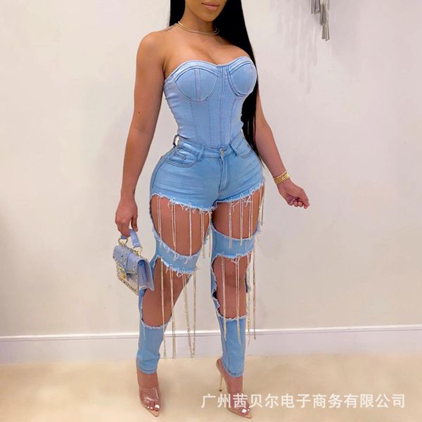 women's jeans wepbel denim pants mid waist chain tassels women hole button ripped fashion straight trousers, Blue
women's jeans wepbel denim pants mid waist chain tassels women hole button ripped fashion straight trousers, Blue