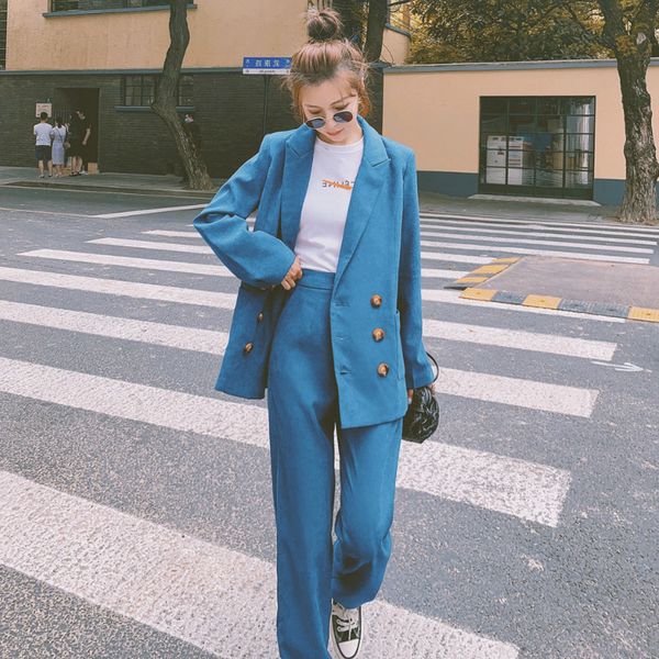 temperament casual female suit pants two-piece suit 2020 fall/winter corduroy solid color ladies jacket casual wide-leg pants, White 
temperament casual female suit pants two-piece suit 2020 fall/winter corduroy solid color ladies jacket casual wide-leg pants, White