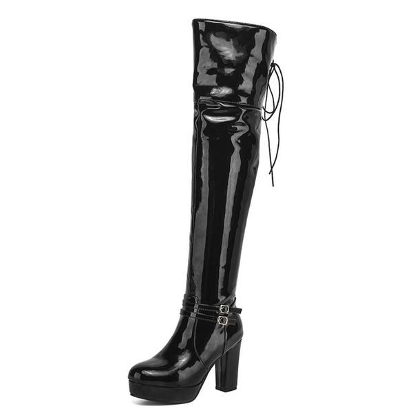 2020 fashion patent leather thick heel boots double-breasted with side zipper back lace super high heel over the knee boots, Black
2020 fashion patent leather thick heel boots double-breasted with side zipper back lace super high heel over the knee boots, Black