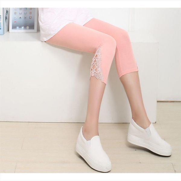 women solid lace 3 4 modal cotton capri legging skinny pant leggins pantalon femme, Black