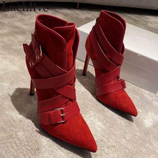 buckle strap suede women's boots pointy toe party shoes gladiator high heels leather boots for women red black femme
buckle strap suede women's boots pointy toe party shoes gladiator high heels leather boots for women red black femme