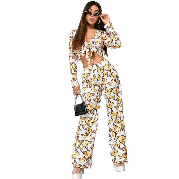 summer butterfly printing woman two piece outfit long sleeve v neck tshirts wide leg pants 2pcs set, White
summer butterfly printing woman two piece outfit long sleeve v neck tshirts wide leg pants 2pcs set, White