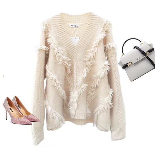 autumn winter solid kintted v--neck sweater women casual loose female long sleeve kint tassel sweaters, White;black
autumn winter solid kintted v--neck sweater women casual loose female long sleeve kint tassel sweaters, White;black