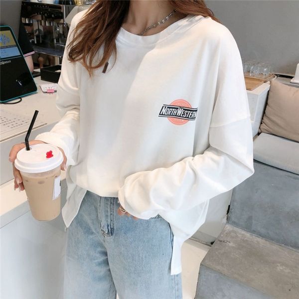 ag south korea t-shirt sweater east gate front and rear printed letter sweater women's 20 autumn new large size mid-length t-shirt skir, Black 
ag south korea t-shirt sweater east gate front and rear printed letter sweater women's 20 autumn new large size mid-length t-shirt skir, Black