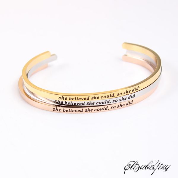 she believe she could so did stainless steel engraved positive inspirational quote hand imprint cuff mantra bracelet bangle, Black
she believe she could so did stainless steel engraved positive inspirational quote hand imprint cuff mantra bracelet bangle, Black