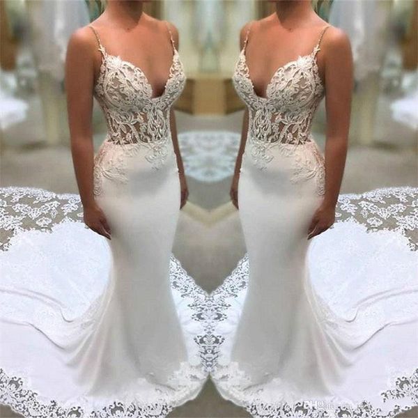 2021 spaghetti straps lace mermaid wedding dresses illusion satin tulle applique court train wedding bridal gowns vestidos de novia, White
2021 spaghetti straps lace mermaid wedding dresses illusion satin tulle applique court train wedding bridal gowns vestidos de novia, White