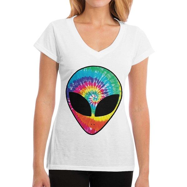 rainbow tie dye alien head women's fashion short sleeve v-neck t shirts