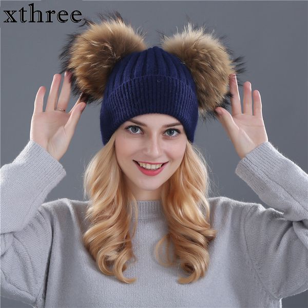 xthree winter hat for women wool knitting beanies natural fur double pom poms skullies girls hat feminino, Blue;gray
xthree winter hat for women wool knitting beanies natural fur double pom poms skullies girls hat feminino, Blue;gray
