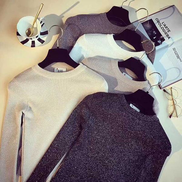 2020 womens sweaters solid shiny lurex autumn winter sweater women long sleeve pullover basic christmas sweater pull femme, White;black
2020 womens sweaters solid shiny lurex autumn winter sweater women long sleeve pullover basic christmas sweater pull femme, White;black