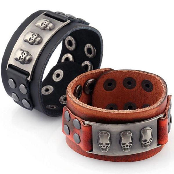 men skull bracelet 2020 punk rock style wide brown leather wrap bracelets & bangles metal skull studs genuine leather bracelet, Golden;silver
men skull bracelet 2020 punk rock style wide brown leather wrap bracelets & bangles metal skull studs genuine leather bracelet, Golden;silver