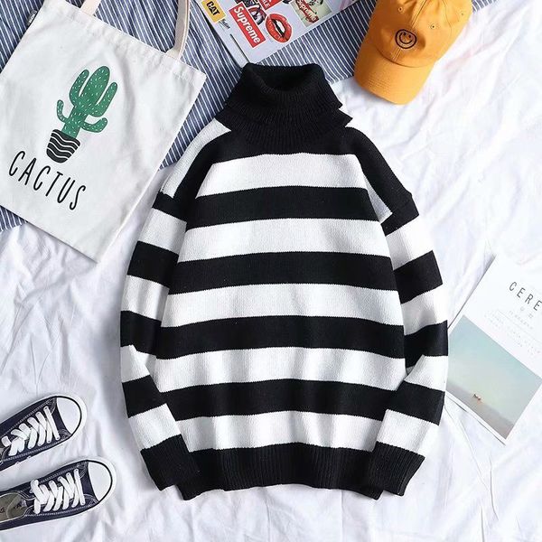 2019 winter new men's sweater korean trend high neck personality knitted shirt linen stripes thicken, White;black
2019 winter new men's sweater korean trend high neck personality knitted shirt linen stripes thicken, White;black