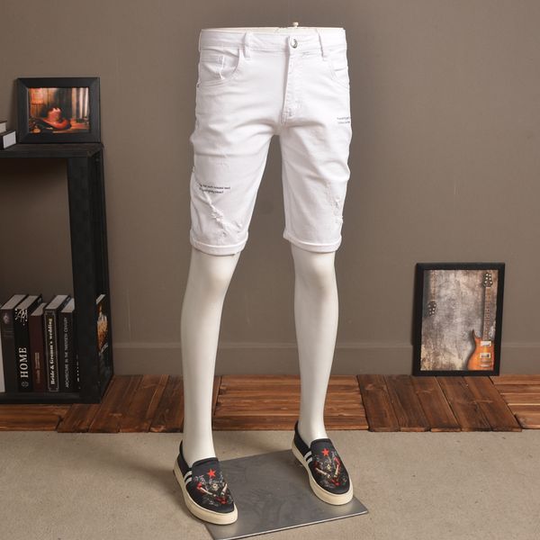 men fashion white jeans ripped holes denim shorts letter print elastic slim fit thin knee length pants, Blue
men fashion white jeans ripped holes denim shorts letter print elastic slim fit thin knee length pants, Blue