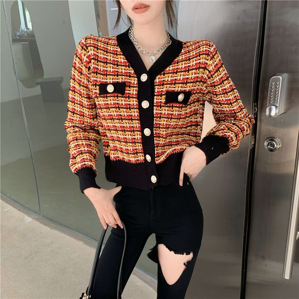 fashion women retro single breast short sweaters long sleeve v neck plaid casual cardigan contrast color knit retro jumper, White
fashion women retro single breast short sweaters long sleeve v neck plaid casual cardigan contrast color knit retro jumper, White
