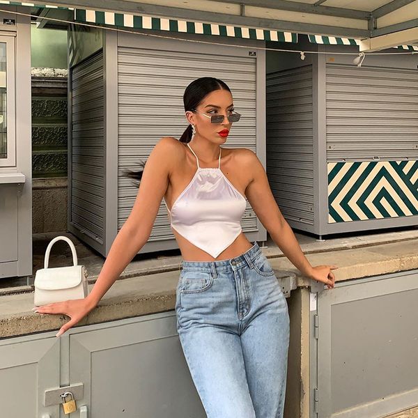 women summer slim solid color halter backless straps hollow back irregular shaped crop wild fashion t-shirt tank, White
women summer slim solid color halter backless straps hollow back irregular shaped crop wild fashion t-shirt tank, White