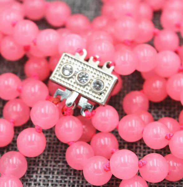 8mm rose red beads necklace 3row 17-19, Silver