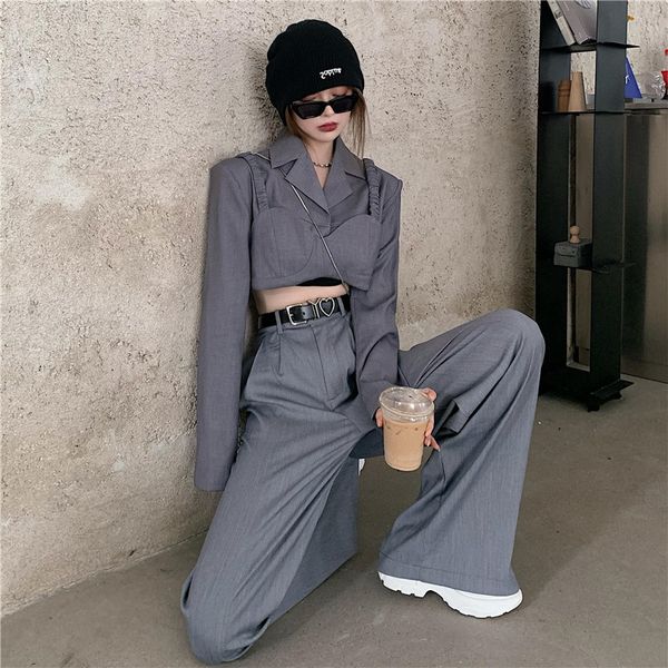 british style 2020 women suit two pieces set fashion high waist wide leg pants and short suit coat casual female set, White 
british style 2020 women suit two pieces set fashion high waist wide leg pants and short suit coat casual female set, White