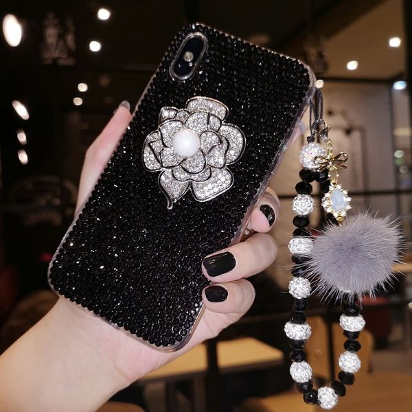rhinestone diamond beautiful camellia flower pearl crystal case for iphone 11 pro max x xr xs max 6 7 8 plus fashion luxury case