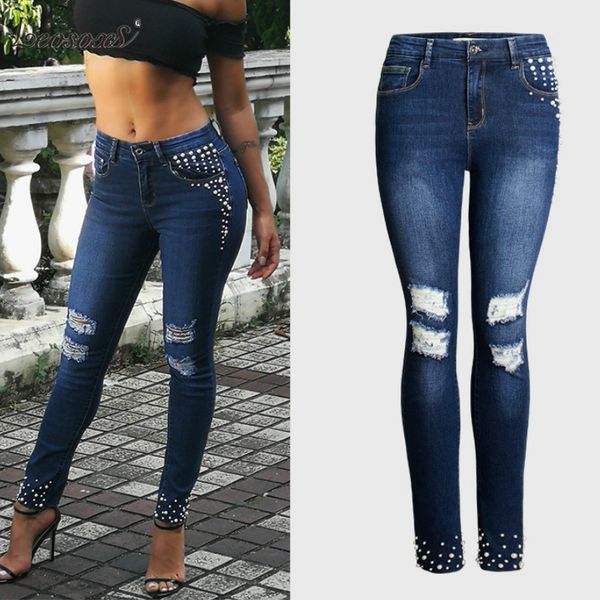 vintage pearl studded ripped jeans women`s stretch denim skinny pants jeans for women trousers, Blue
vintage pearl studded ripped jeans women`s stretch denim skinny pants jeans for women trousers, Blue