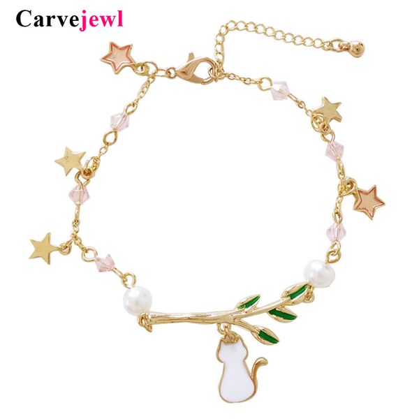 carvejewl cute sitting cat pendant charm bracelet star green enamel branch handmade epoxy bracelet for women young girl jewelry, Golden;silver