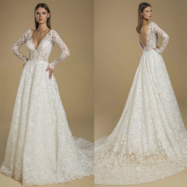 2021 lace wedding dresses deep v neck long sleeve appliques bridal gowns custom made backless sweep train a-line wedding dress, White
2021 lace wedding dresses deep v neck long sleeve appliques bridal gowns custom made backless sweep train a-line wedding dress, White
