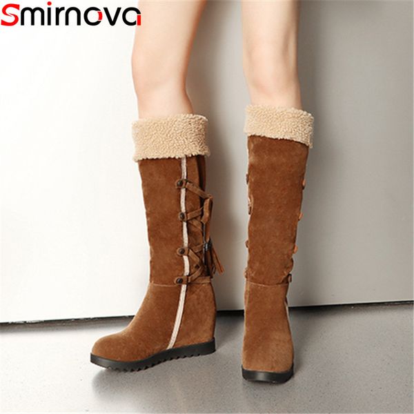 smirnova fashion new knee high boots women round toe autumn winter boots cross tied height increaseing ladies big size, Black