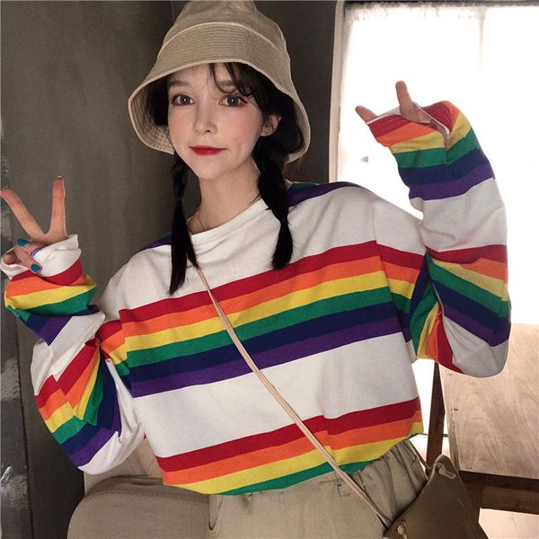 autumn new loose rainbow striped long-sleeved casual round neck t-shirt, White
autumn new loose rainbow striped long-sleeved casual round neck t-shirt, White