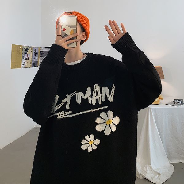 long sleeve men sweater new autumn winter streetwear couple flower pullover men's oversized sweater pull homme loose men, White;black
long sleeve men sweater new autumn winter streetwear couple flower pullover men's oversized sweater pull homme loose men, White;black
