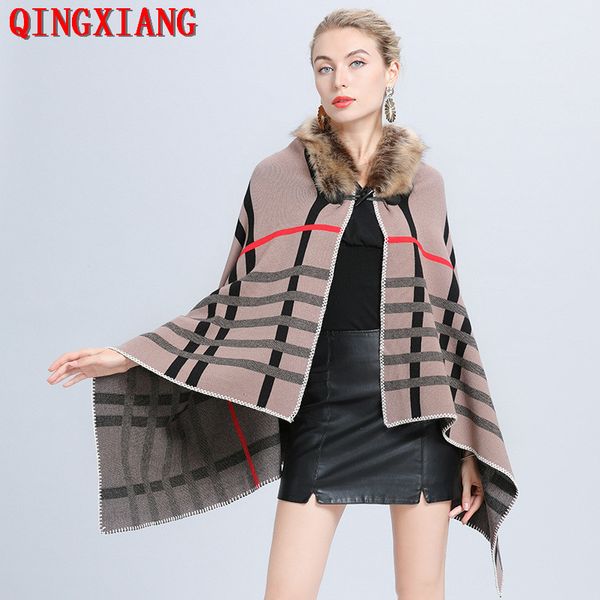 2020 new red 3 colors striped women fur neck poncho black khaki plus size shawl knitted ox horn buckle streetwear, Blue;gray
2020 new red 3 colors striped women fur neck poncho black khaki plus size shawl knitted ox horn buckle streetwear, Blue;gray