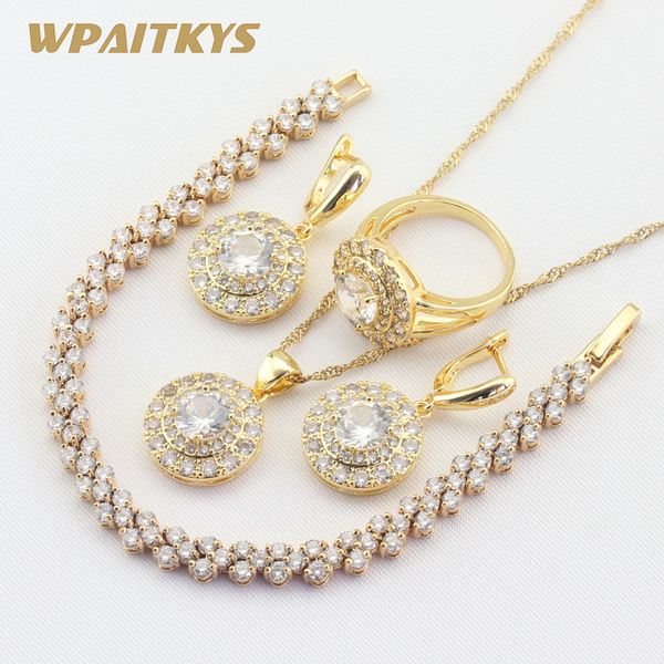 round white cubic zirconia gold color jewelry sets for women bracelet earrings necklace pendant rings gift box wpaitkys, Silver
round white cubic zirconia gold color jewelry sets for women bracelet earrings necklace pendant rings gift box wpaitkys, Silver