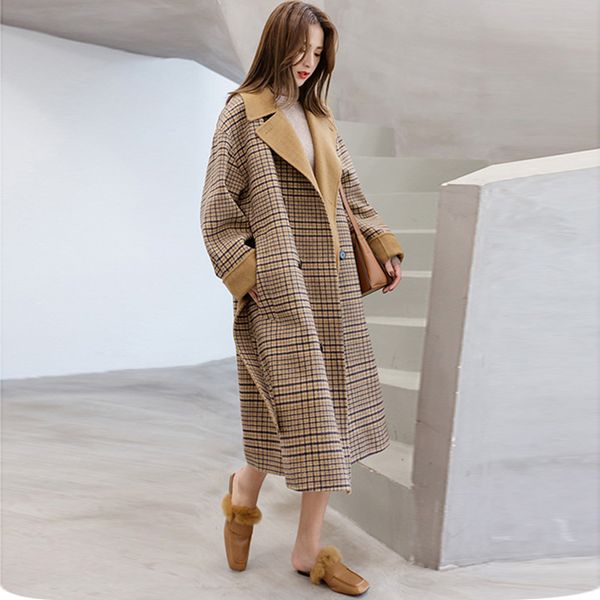 women's wool & blends johnature winter women coat 2021 casual korean plaid patchwork loose long turn-down collar button pockets female, Black
women's wool & blends johnature winter women coat 2021 casual korean plaid patchwork loose long turn-down collar button pockets female, Black