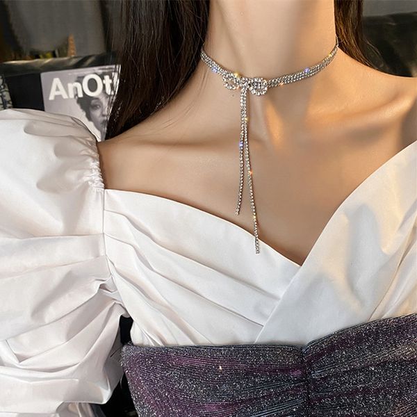 luxury exaggerate full crystal bow-knot collar chokers fashion long tassel pendant necklace jewelry accessory for women necklace, Silver
luxury exaggerate full crystal bow-knot collar chokers fashion long tassel pendant necklace jewelry accessory for women necklace, Silver