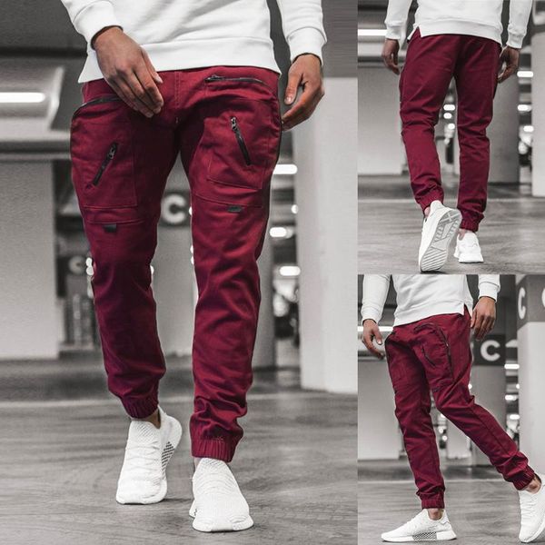 

Men Casual Joggers Pants Solid Thin Cargo Sweatpants Male Multi-pocket Trousers Mens Sportswear Hip Hop Harem Pencil Pant, Wine red