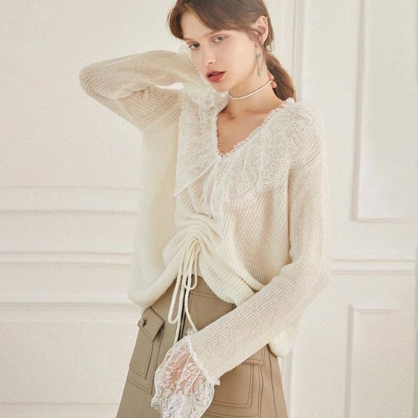 women's sweaters lace patchwork sweater women shirred long sleeve v neck loose mohair knitted pull 2021 office lady chic pullover elega, White;black
women's sweaters lace patchwork sweater women shirred long sleeve v neck loose mohair knitted pull 2021 office lady chic pullover elega, White;black