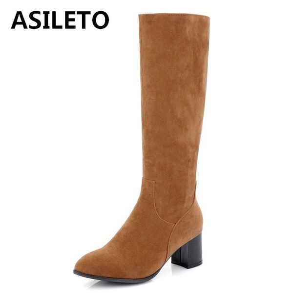 asileto women knee boots ladies shoes flock solid autumn winter warm high heel zipper square heel shoes woman long boots a844g, Black