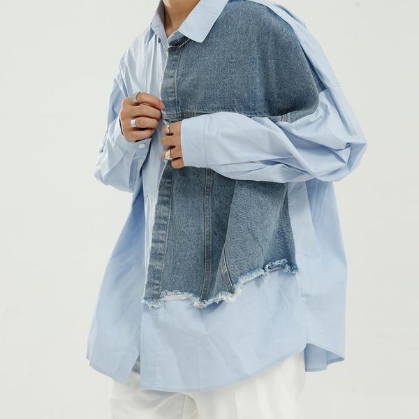 male streetwear hip hop vintage dress shirts men autumn new fashion casual loose long sleeve denim splice shirt, White;black
male streetwear hip hop vintage dress shirts men autumn new fashion casual loose long sleeve denim splice shirt, White;black