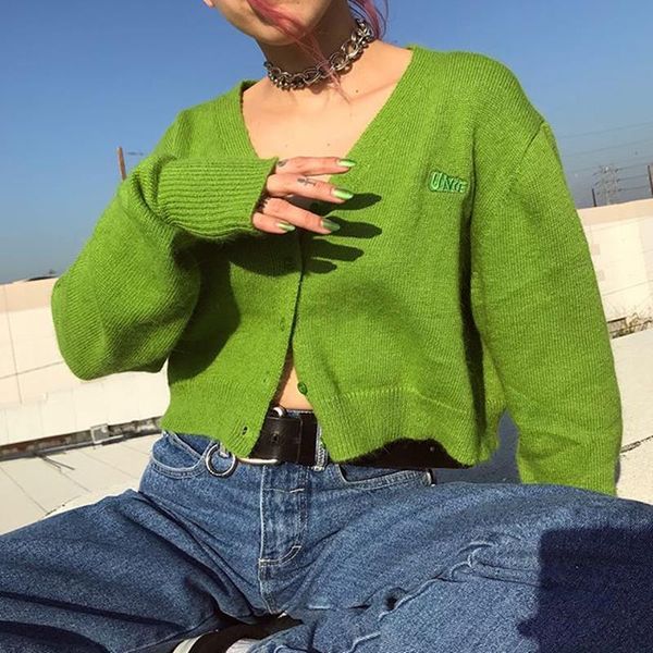 green fuzzy cropped cardigan with front button embroidered logo harajuku liv sweater knit cardigan for women, White;black
green fuzzy cropped cardigan with front button embroidered logo harajuku liv sweater knit cardigan for women, White;black