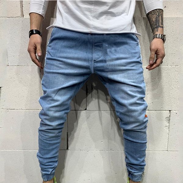 men's loose fit denim pants elastic feet pants men's solid color jeans with pockets, Blue
men's loose fit denim pants elastic feet pants men's solid color jeans with pockets, Blue