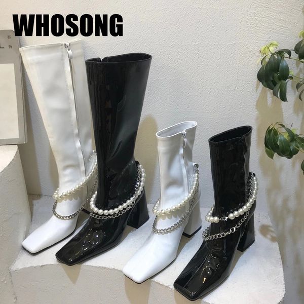 new women boots girls pearl botas chain heels woman knee high boots ladies square toe shoes female soft brand new autumn, Black
new women boots girls pearl botas chain heels woman knee high boots ladies square toe shoes female soft brand new autumn, Black