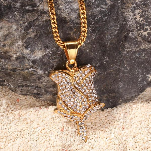 pendant necklaces rose flower petals necklace & iced out cubic zircon choker gold color chain hip hop jewelry charm gift, Silver 
pendant necklaces rose flower petals necklace & iced out cubic zircon choker gold color chain hip hop jewelry charm gift, Silver