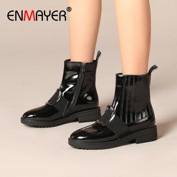 boots enmayer 2021 genuine leather women round toe ankle square heel motorcycle size 34-42, Black