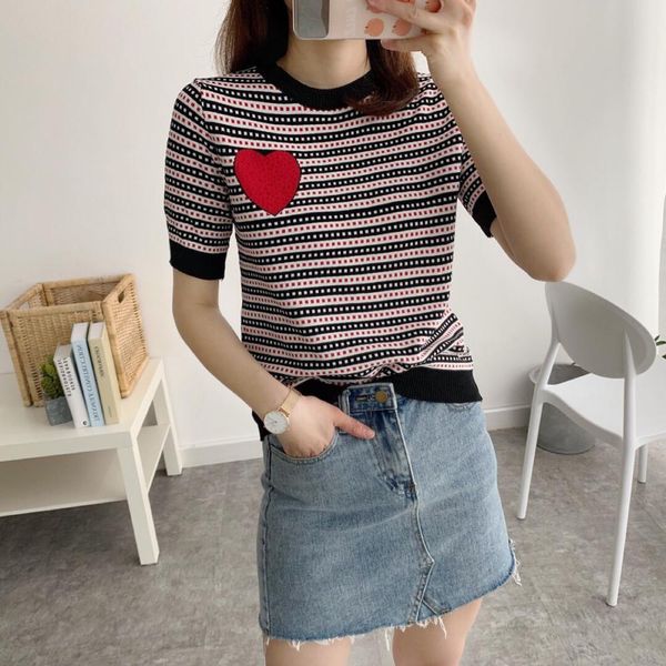 luxury designer summer knitted for women o neck drilling red love striped knitted t shirts black blue b-090, White
luxury designer summer knitted for women o neck drilling red love striped knitted t shirts black blue b-090, White