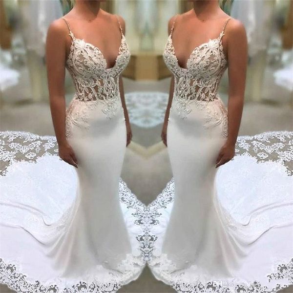 elegant spaghetti straps lace mermaid wedding dresses illusion satin tulle applique court train wedding bridal gowns vestidos de novia, White
elegant spaghetti straps lace mermaid wedding dresses illusion satin tulle applique court train wedding bridal gowns vestidos de novia, White