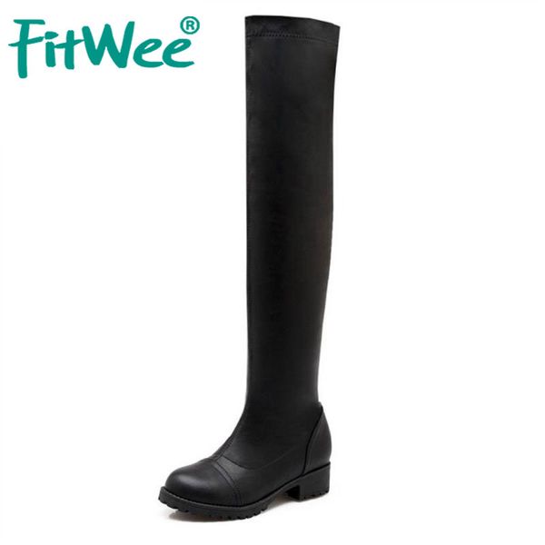 women square low heel over the knee long boots woman classic round toe elastic bootie footwear shoes woman size 34-43, Black 
women square low heel over the knee long boots woman classic round toe elastic bootie footwear shoes woman size 34-43, Black
